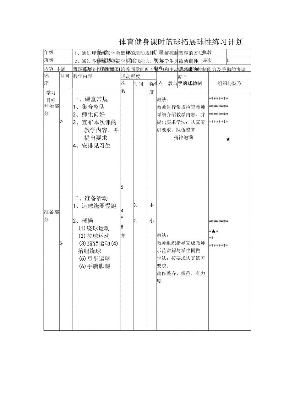 体育健身课时篮球拓展球性练习计划.docx_第1页