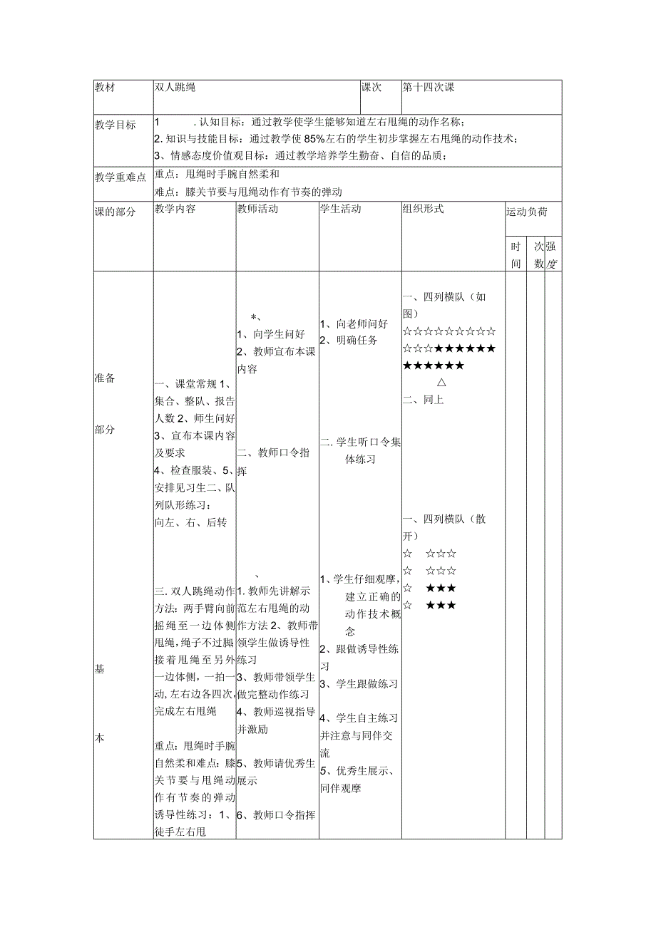 跳绳校本课程第十四次课双人跳绳教案.docx_第1页