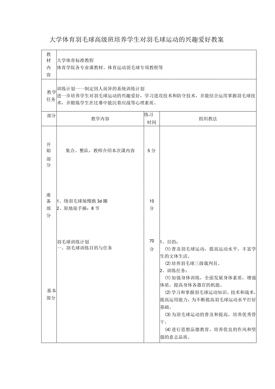 大学体育羽毛球高级班培养学生对羽毛球运动的兴趣爱好教案.docx_第1页