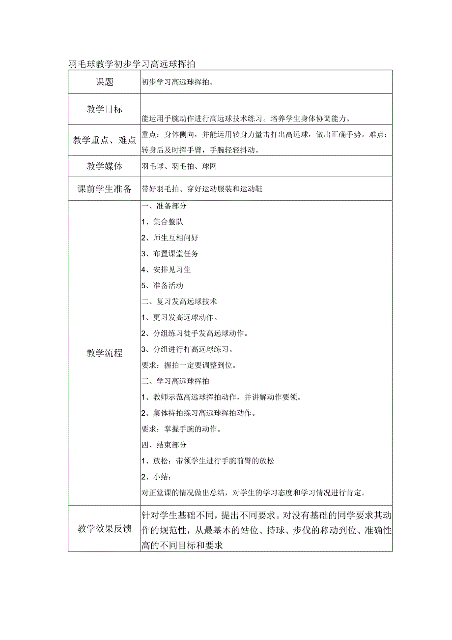 羽毛球教学初步学习高远球挥拍.docx_第1页