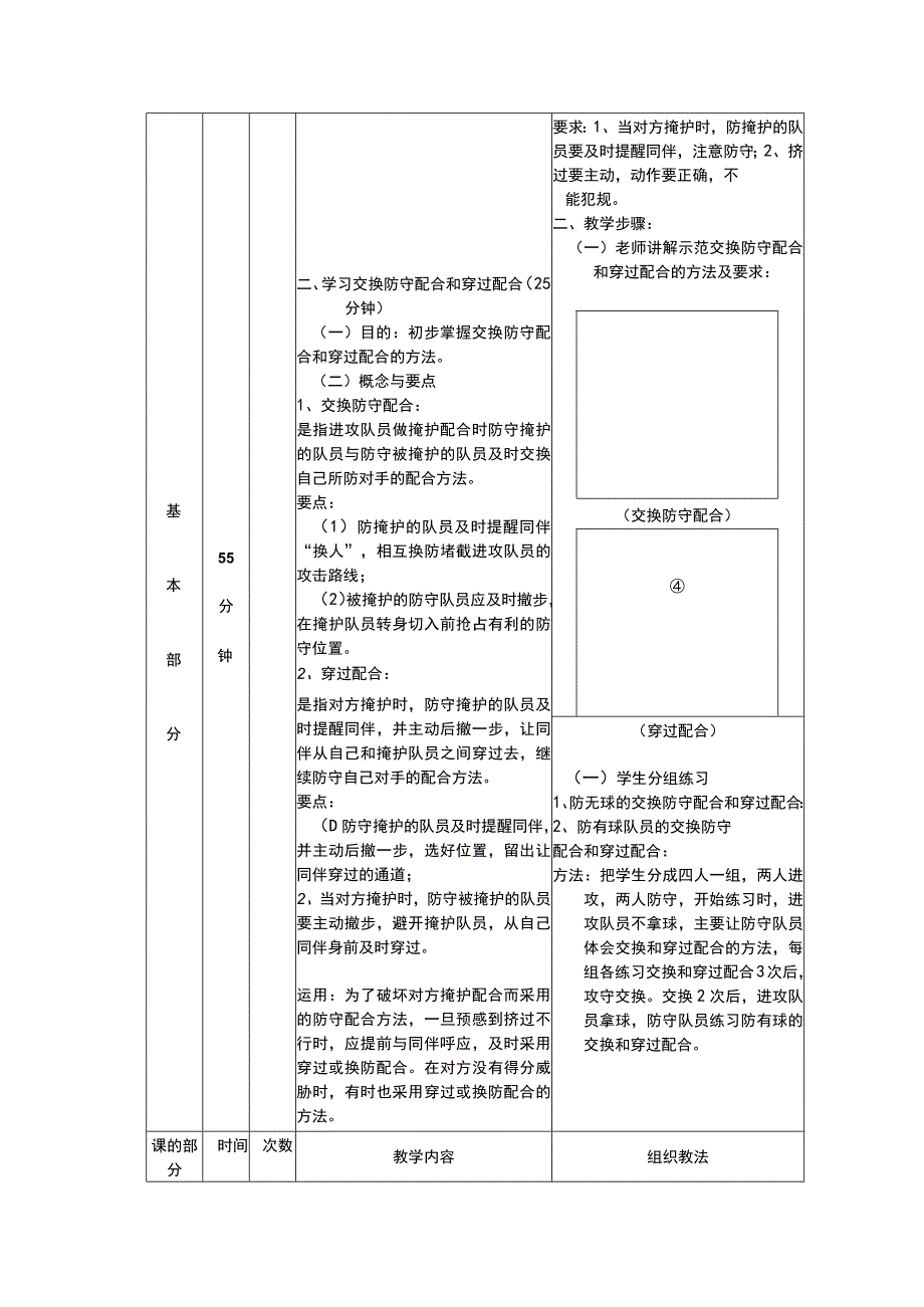 初中篮球第18次课学习防守战术基础配合(交换配合及穿过配合)教学教案设计.docx_第3页