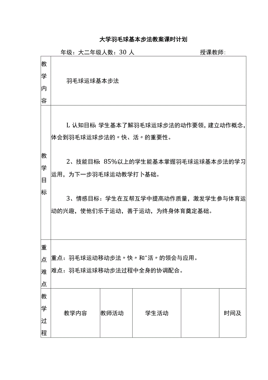 大学羽毛球基本步法教案课时计划.docx_第1页