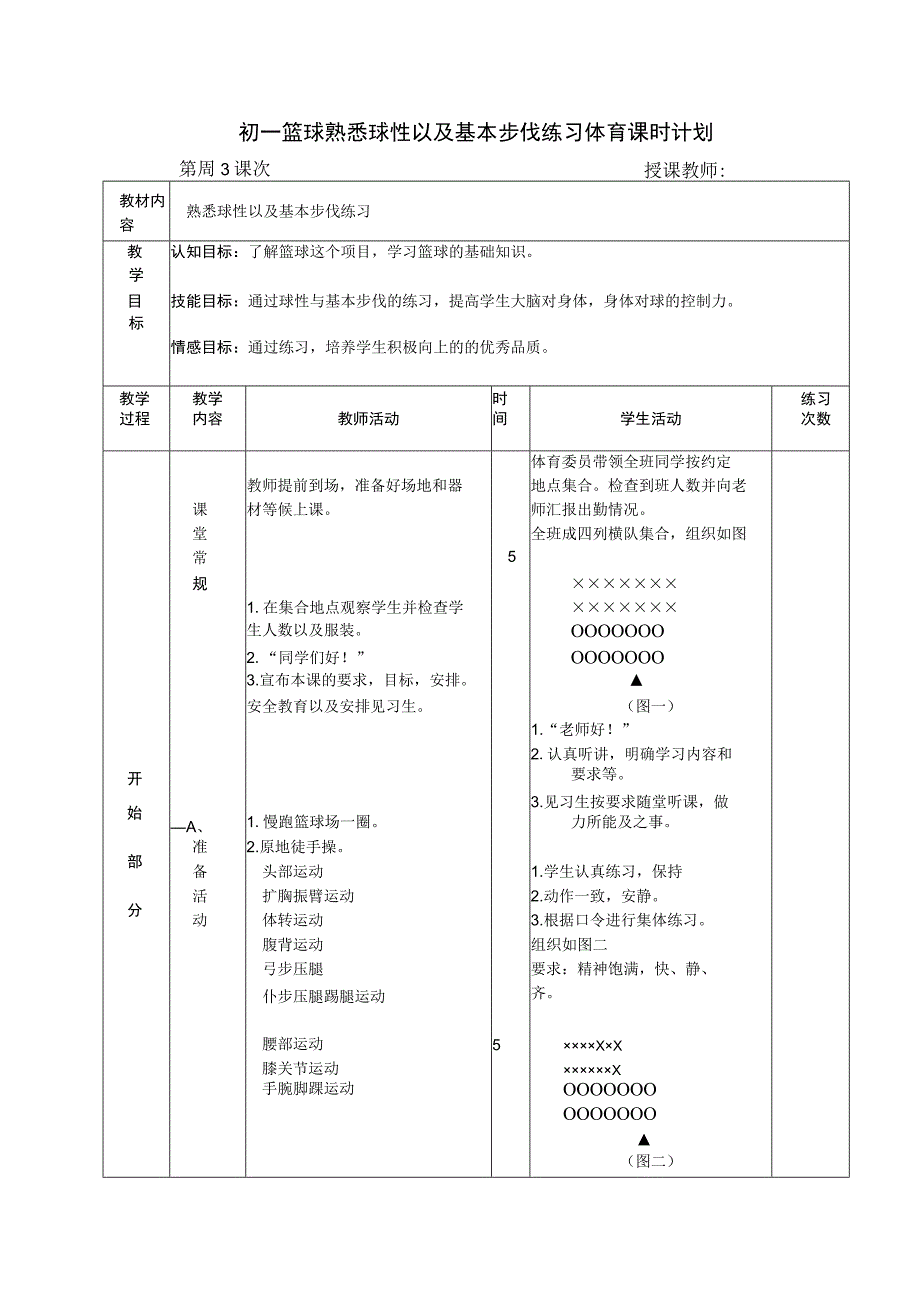 初一篮球熟悉球性以及基本步伐练习体育课时计划.docx_第1页