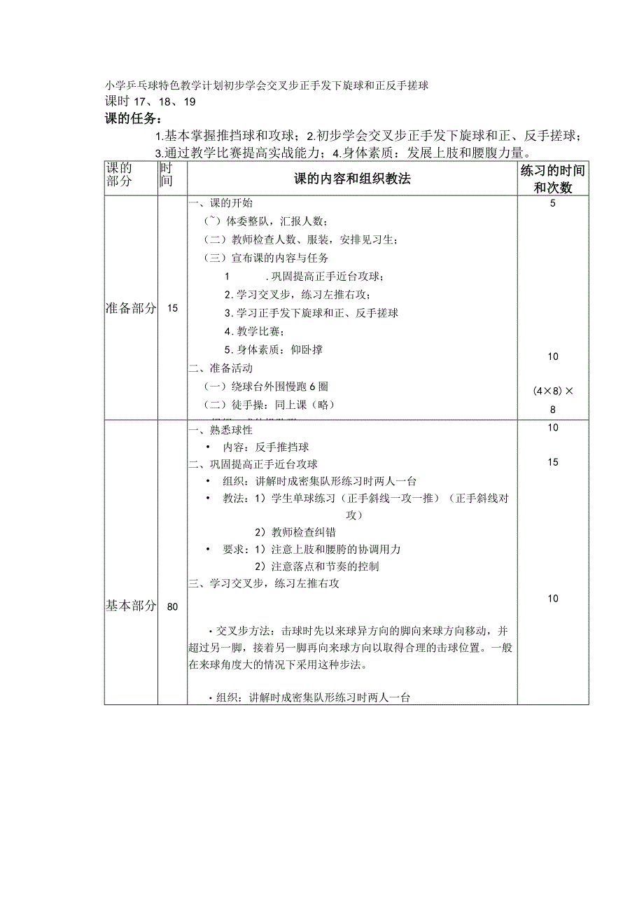 小学乒乓球特色教学计划初步学会交叉步正手发下旋球和正反手搓球.docx_第1页