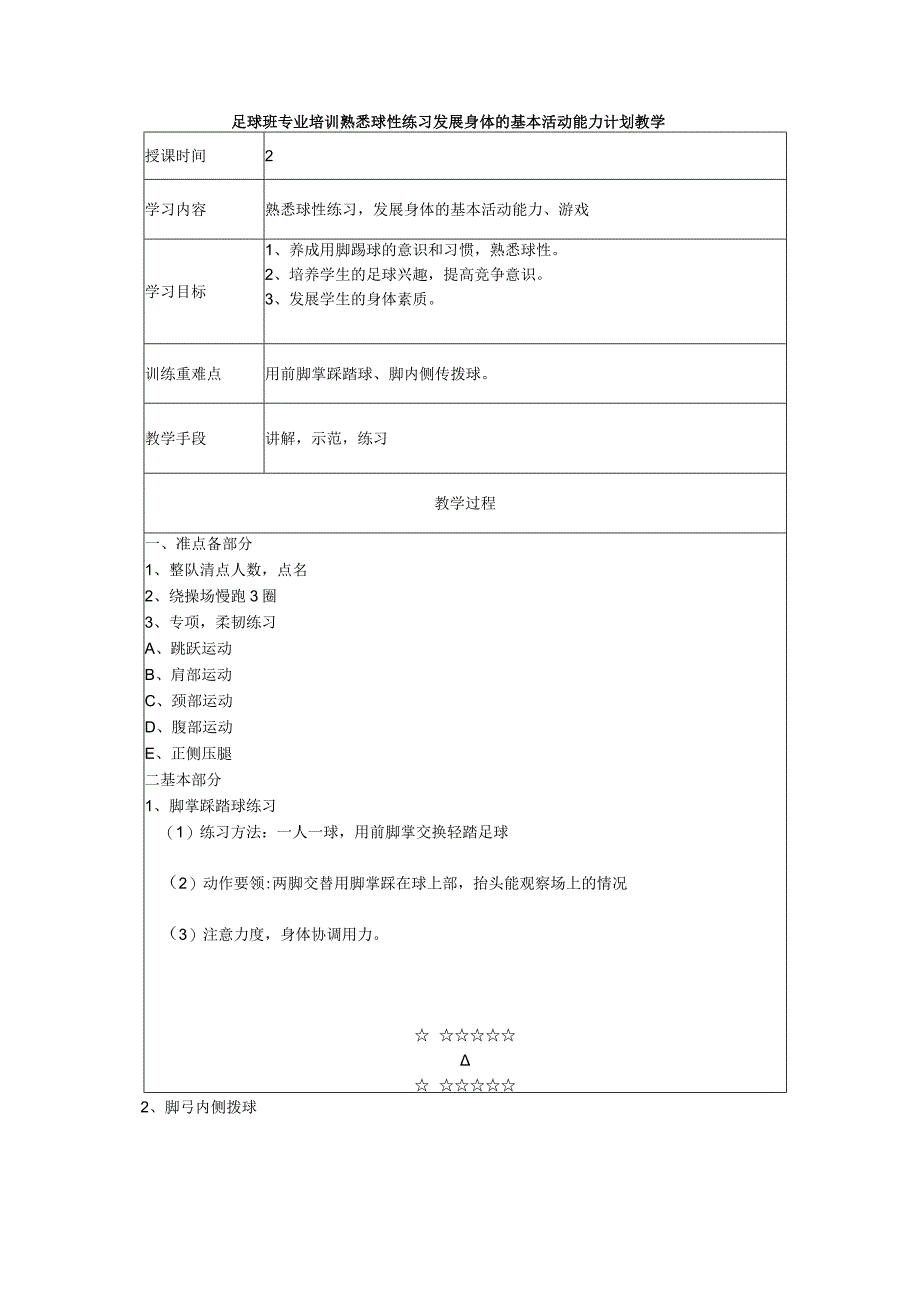 足球班专业培训熟悉球性练习发展身体的基本活动能力计划教学.docx_第1页