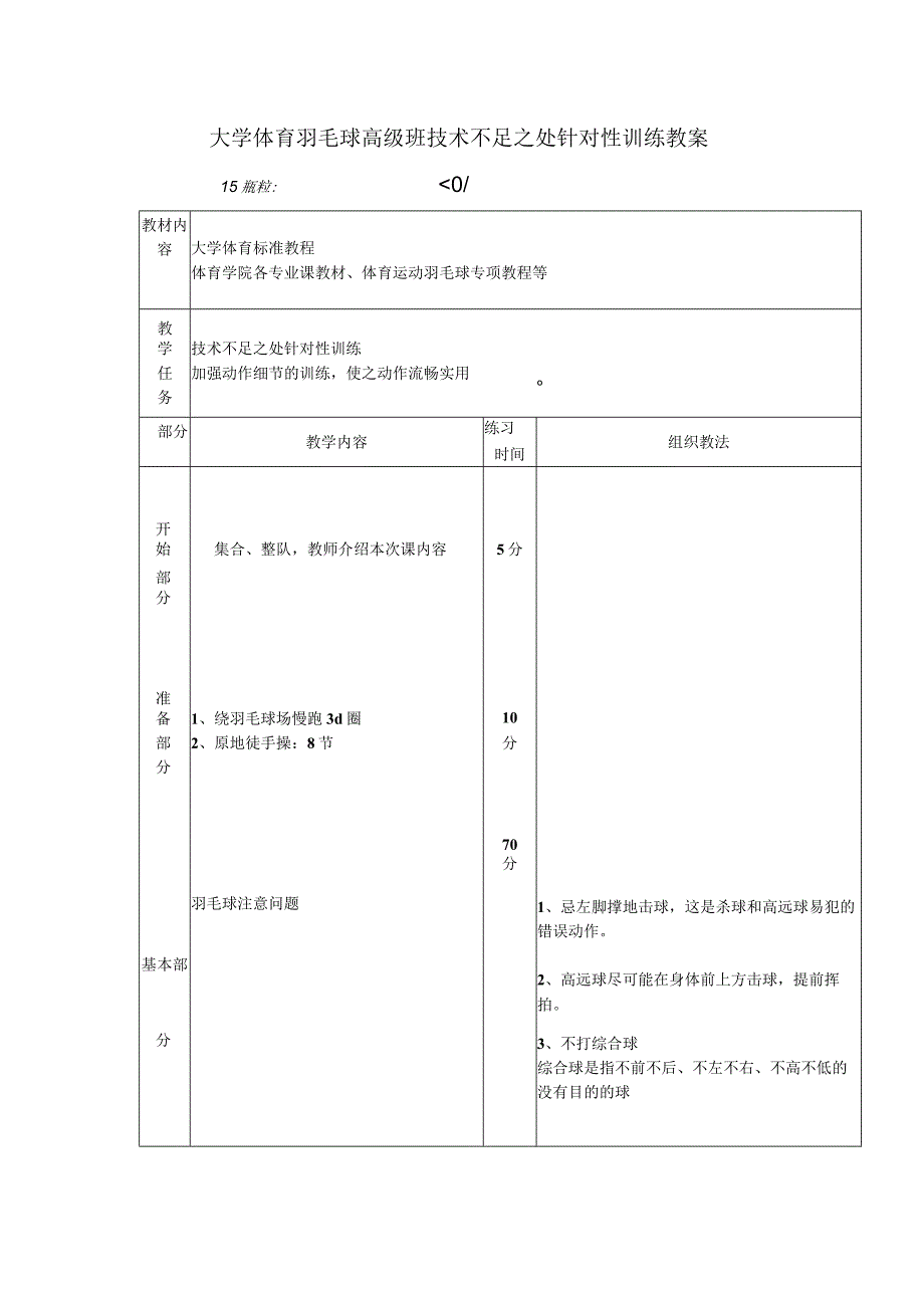 大学体育羽毛球高级班技术不足之处针对性训练教案.docx_第1页