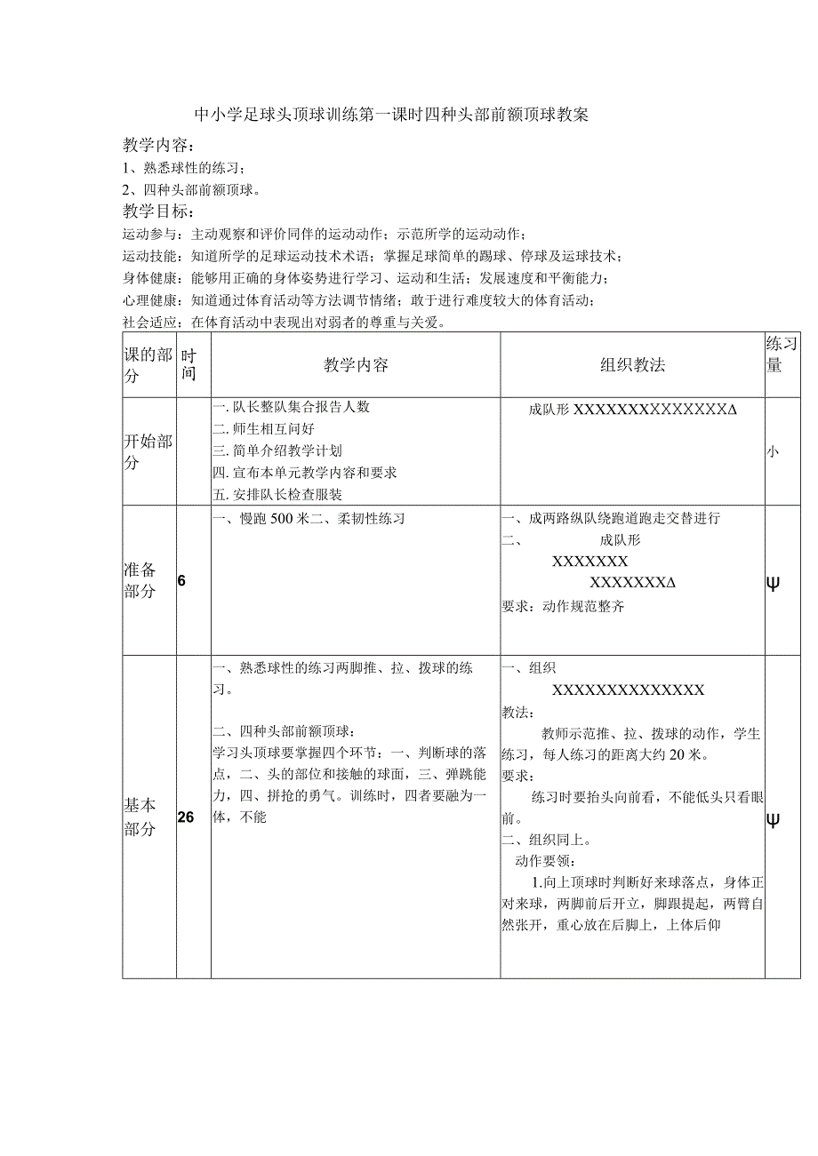 中小学足球头顶球训练第一课时四种头部前额顶球教案.docx_第1页