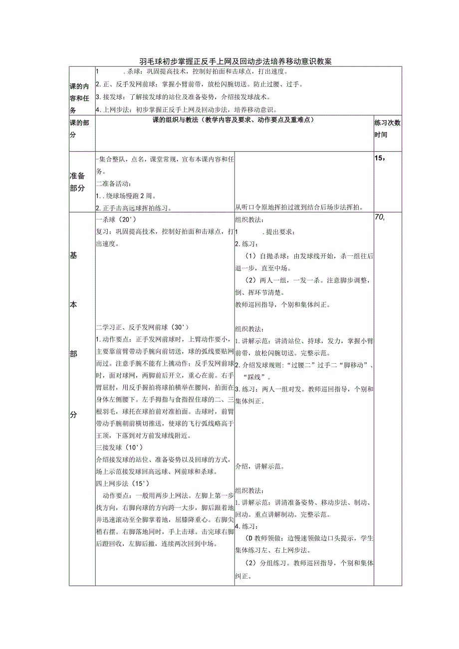 羽毛球初步掌握正反手上网及回动步法培养移动意识教案.docx_第1页