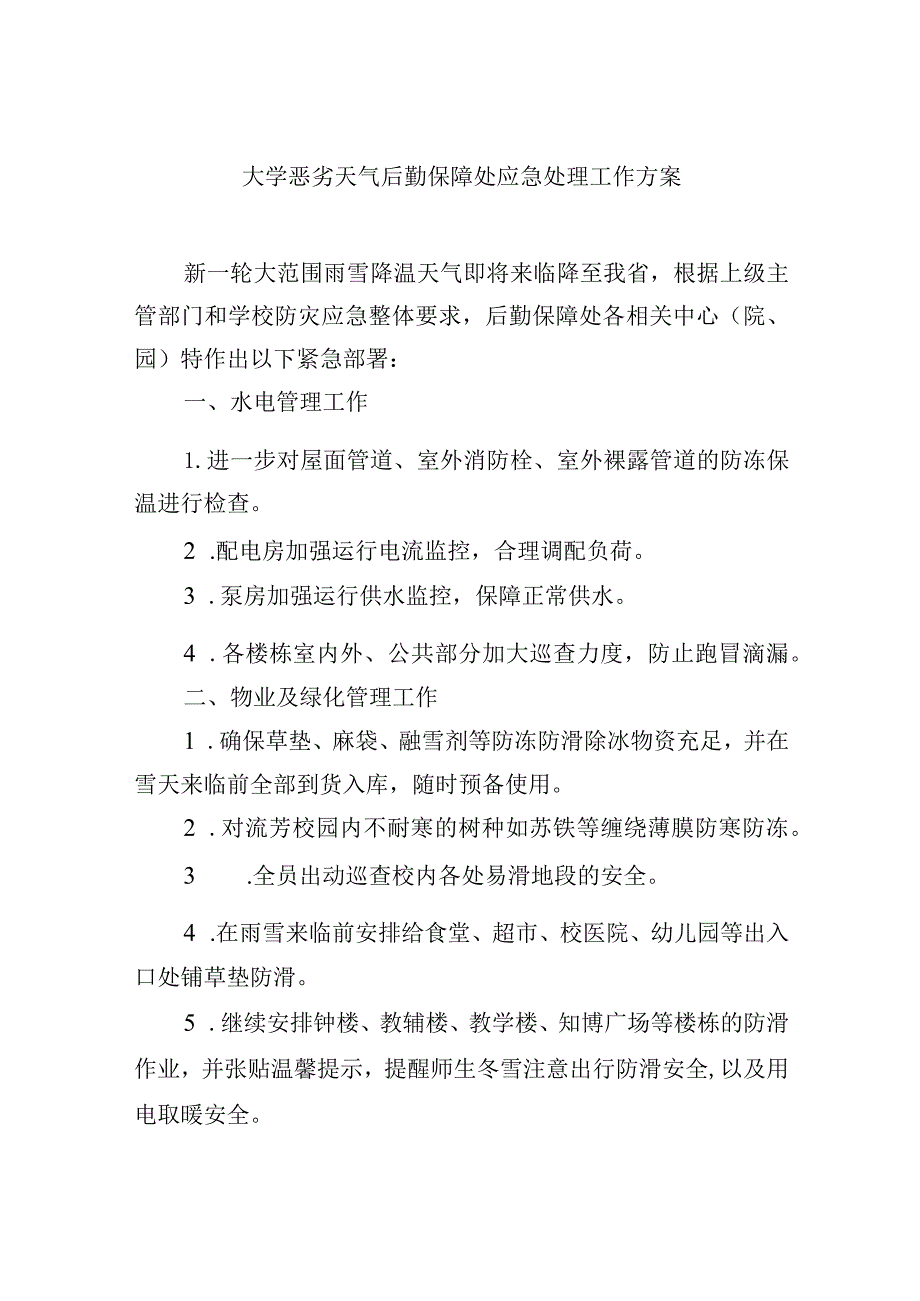 大学恶劣天气后勤保障处应急处理工作方案.docx_第1页