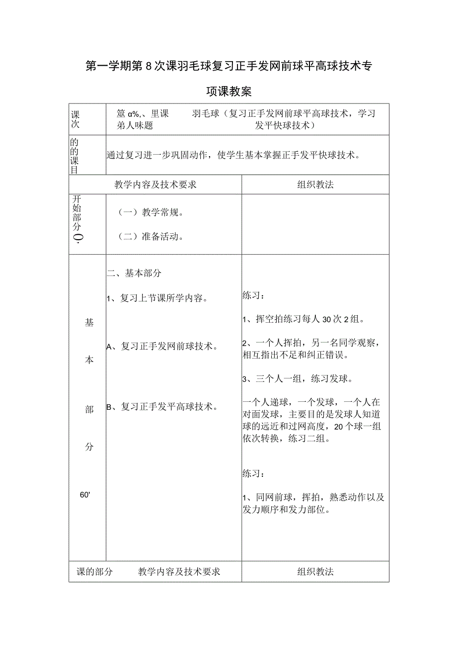 第一学期第8次课羽毛球复习正手发网前球平高球技术专项课教案.docx_第1页