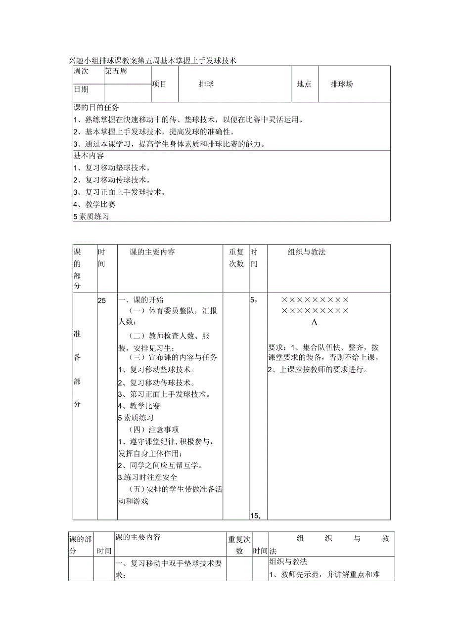 兴趣小组排球课教案第五周基本掌握上手发球技术.docx_第1页