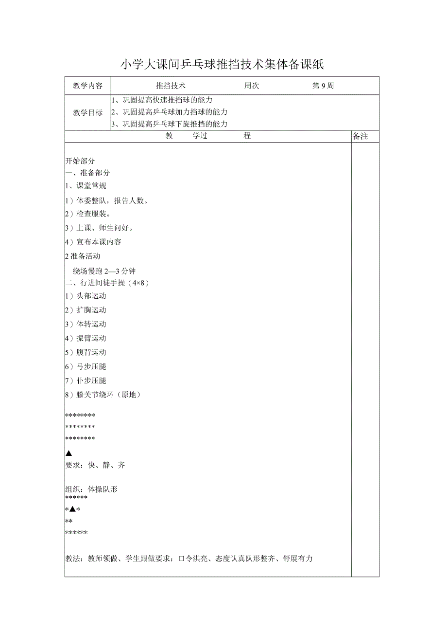 小学大课间乒乓球推挡技术集体备课纸.docx_第1页