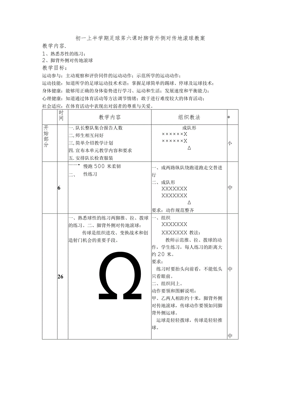 初一上半学期足球第六课时脚背外侧对传地滚球教案.docx_第1页