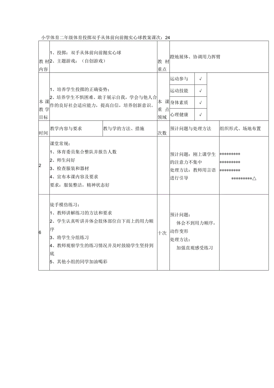 小学体育二年级体育投掷双手从体前向前抛实心球教案.docx_第1页