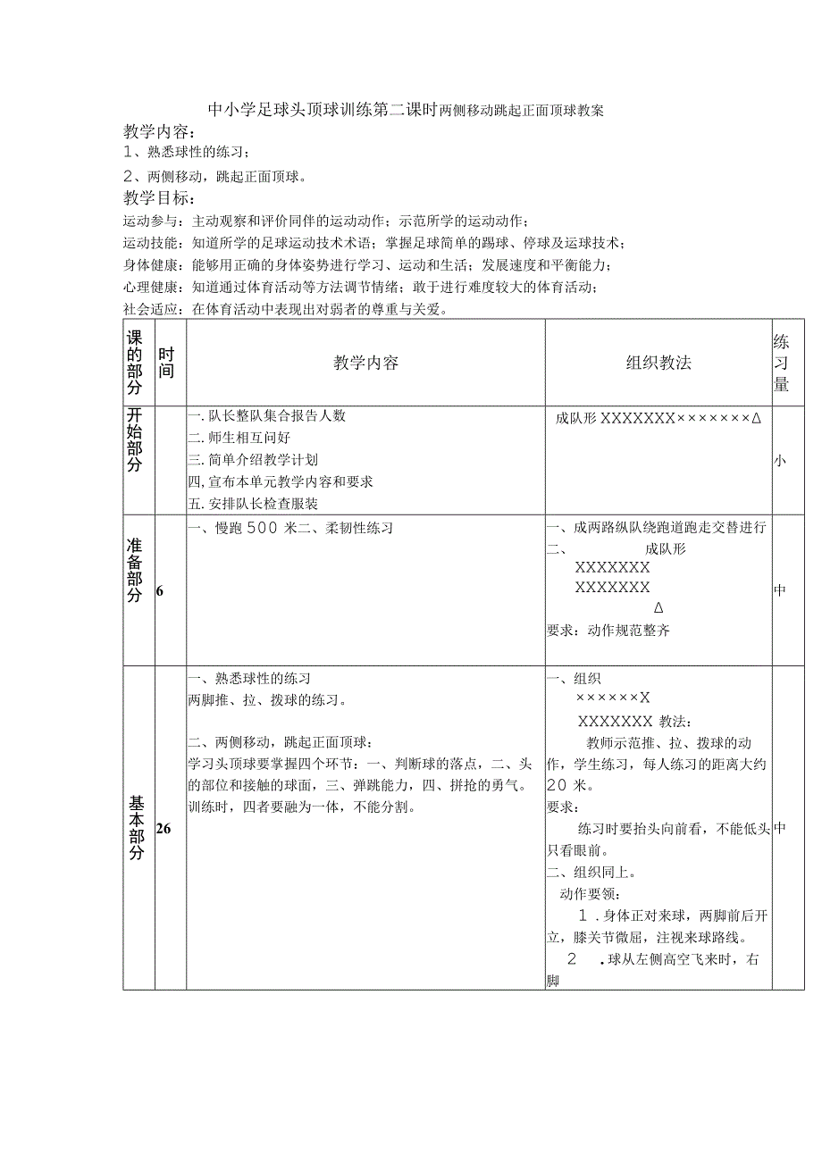 中小学足球头顶球训练第二课时两侧移动跳起正面顶球教案.docx_第1页