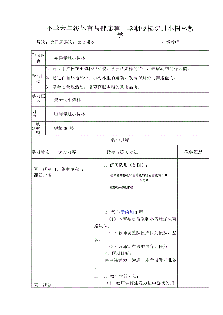 小学六年级体育与健康第一学期耍棒穿过小树林教学.docx_第1页