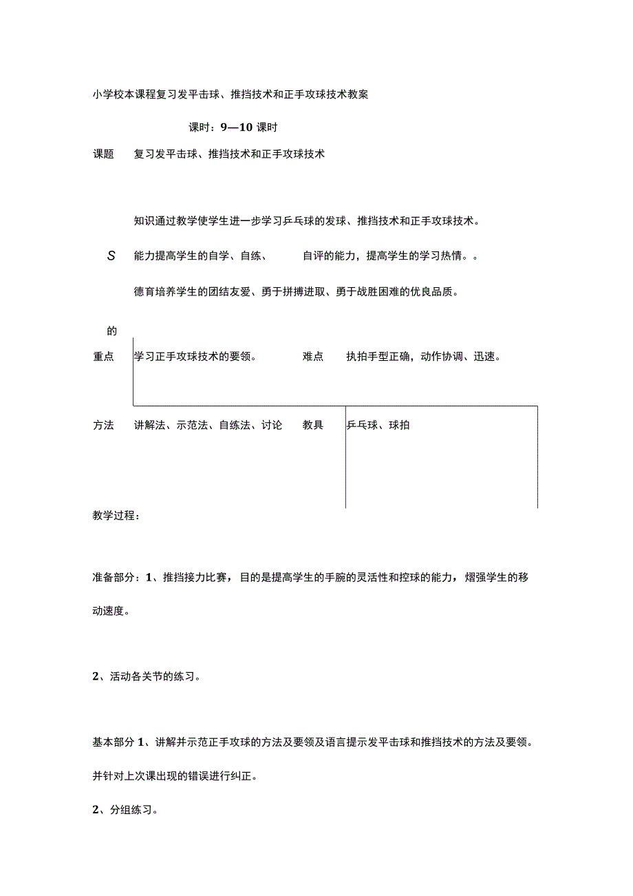 小学校本课程复习发平击球、推挡技术和正手攻球技术教案.docx_第1页