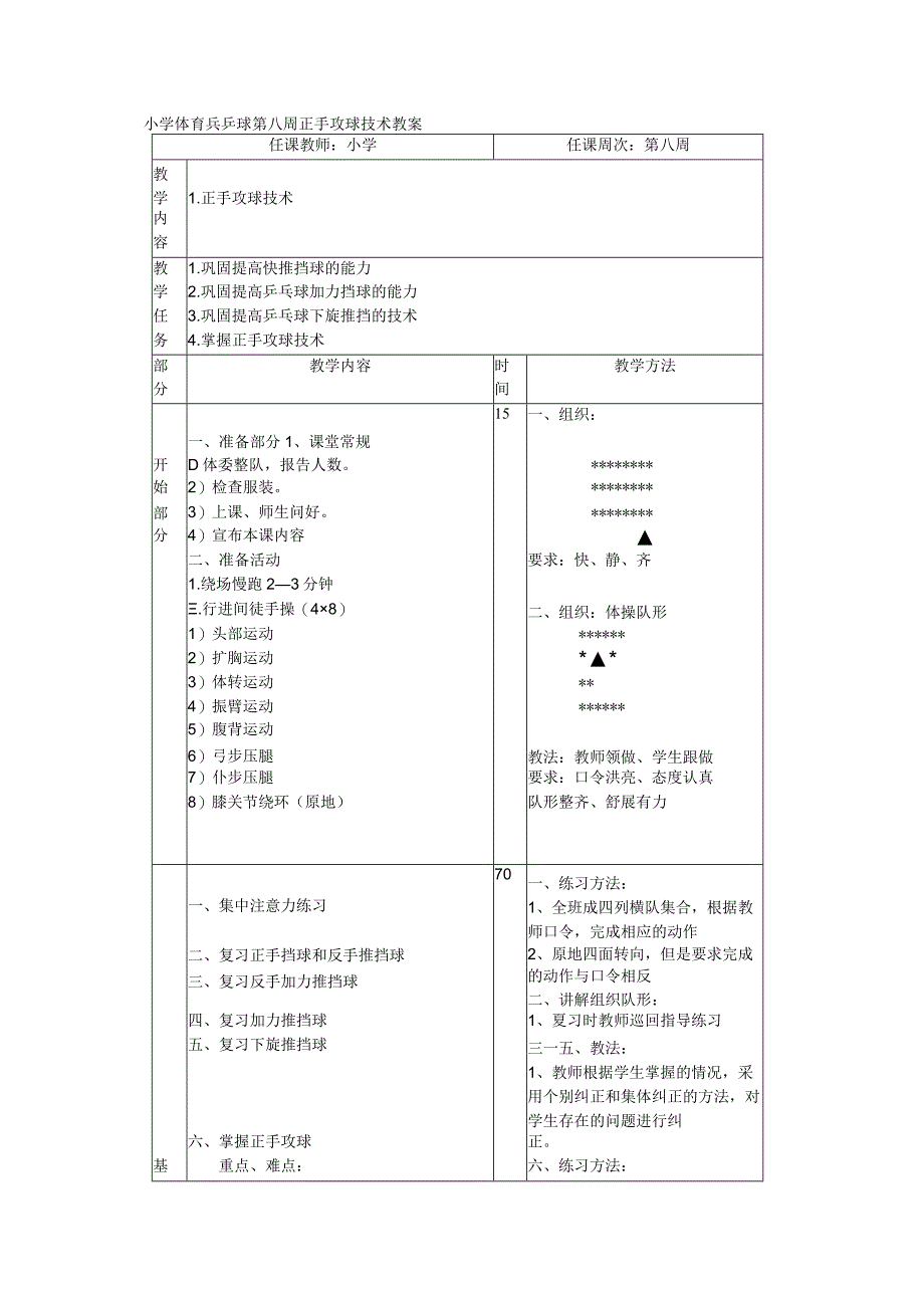 小学体育兵乒球第八周正手攻球技术教案.docx_第1页