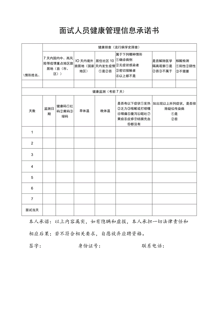 面试人员健康管理信息承诺书.docx_第1页