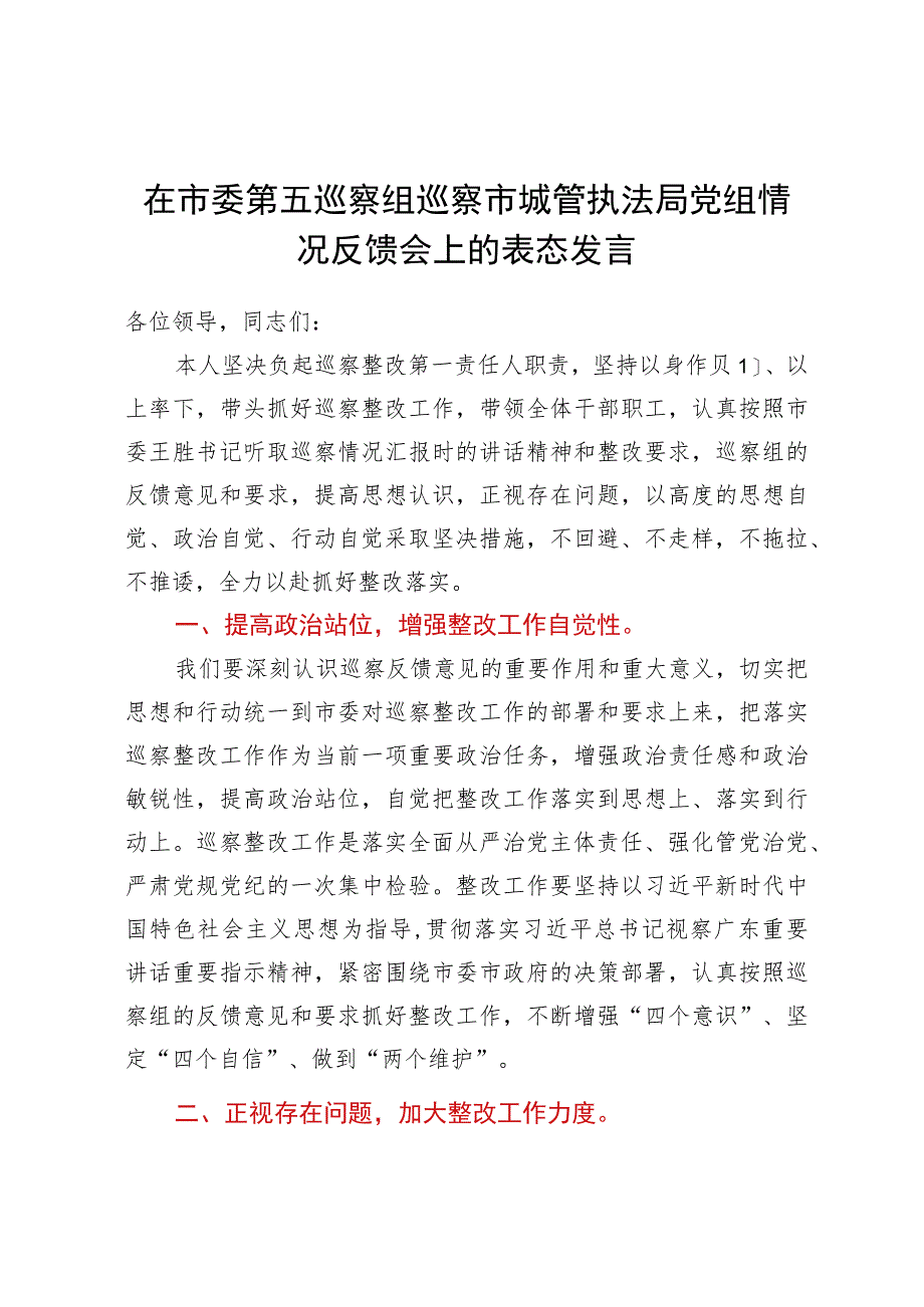 在市委第五巡察组巡察市城管执法局党组情况反馈会上的表态发言.docx_第1页