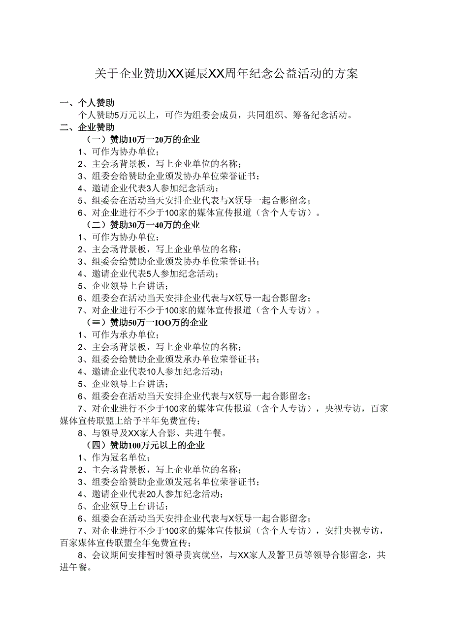 关于企业赞助XX诞辰XX周年纪念公益活动的方案.docx_第1页