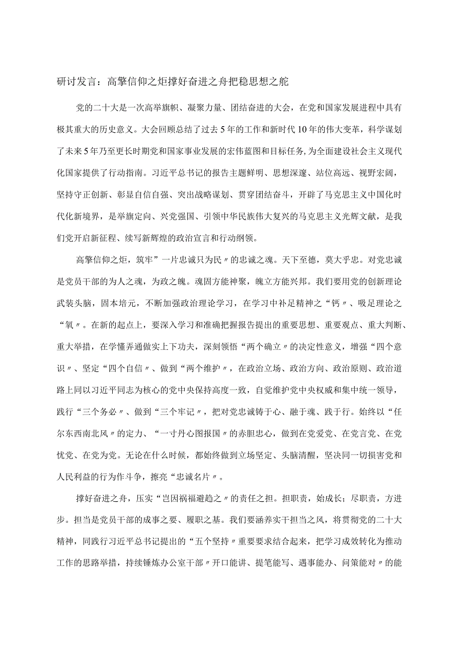 研讨发言：高擎信仰之炬 撑好奋进之舟 把稳思想之舵.docx_第1页