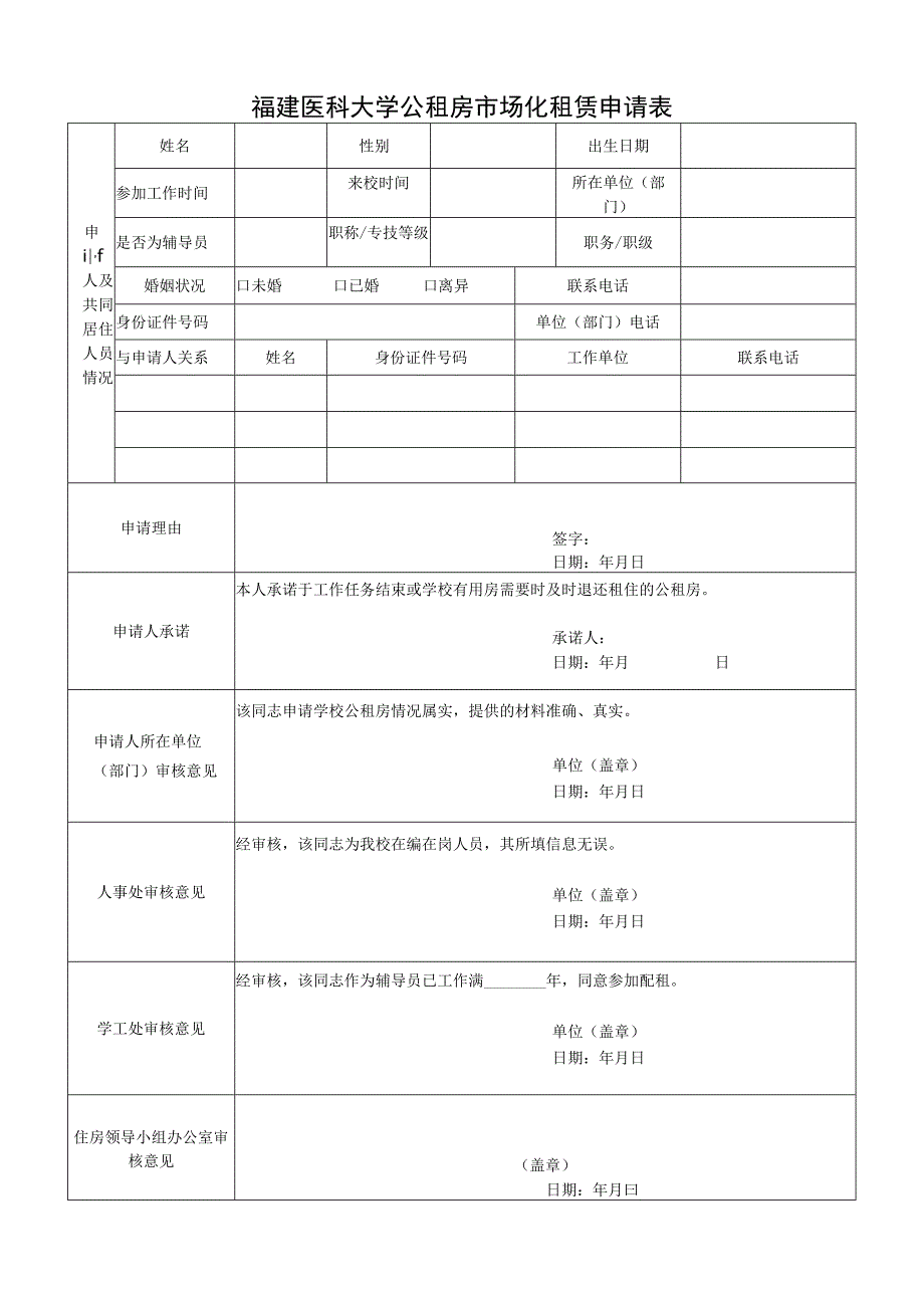 福建医科大学公租房市场化租赁申请表.docx_第1页