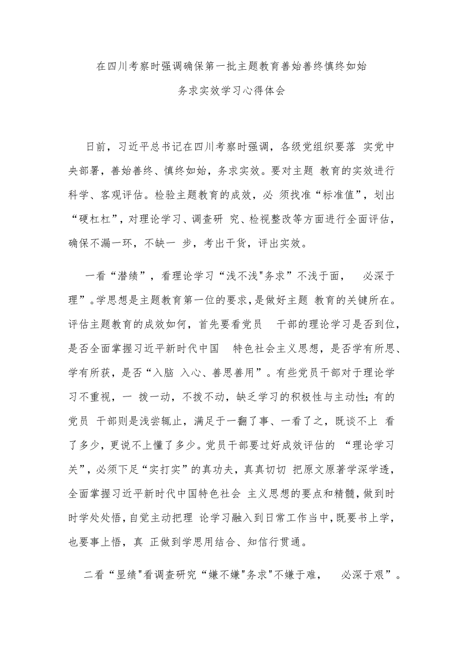 在四川考察时强调确保第一批主题教育善始善终慎终如始务求实效学习心得体会3篇.docx_第1页