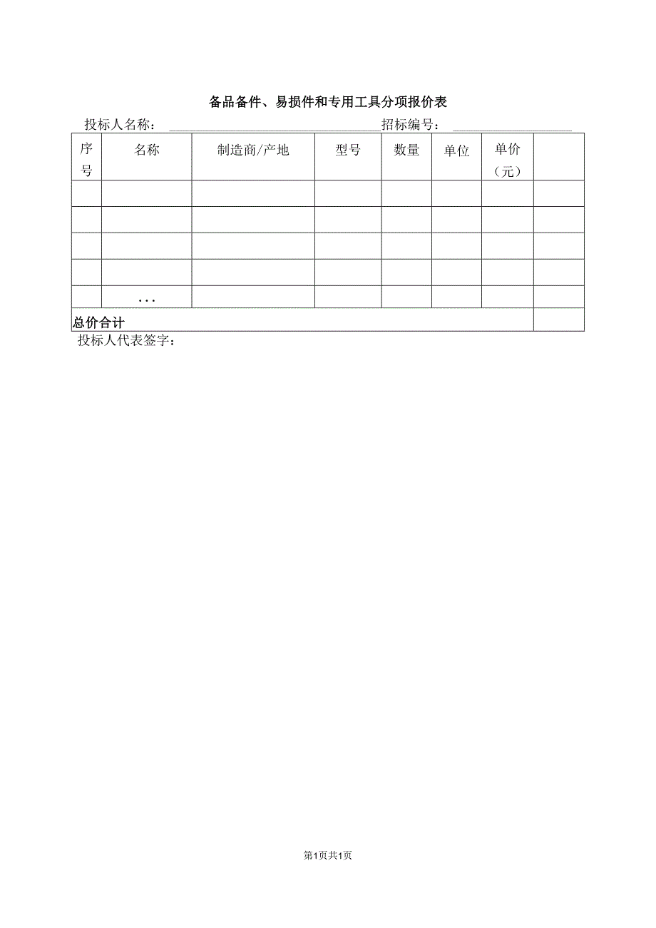 备品备件、易损件和专用工具分项报价表(2023年).docx_第1页