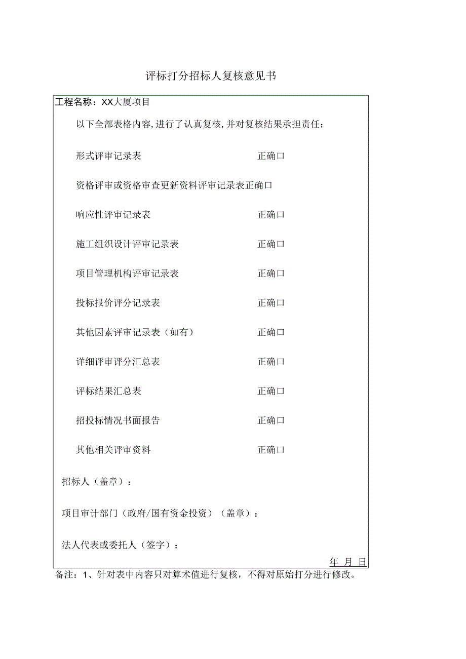 评标打分招标人复核意见书(2023年).docx_第1页