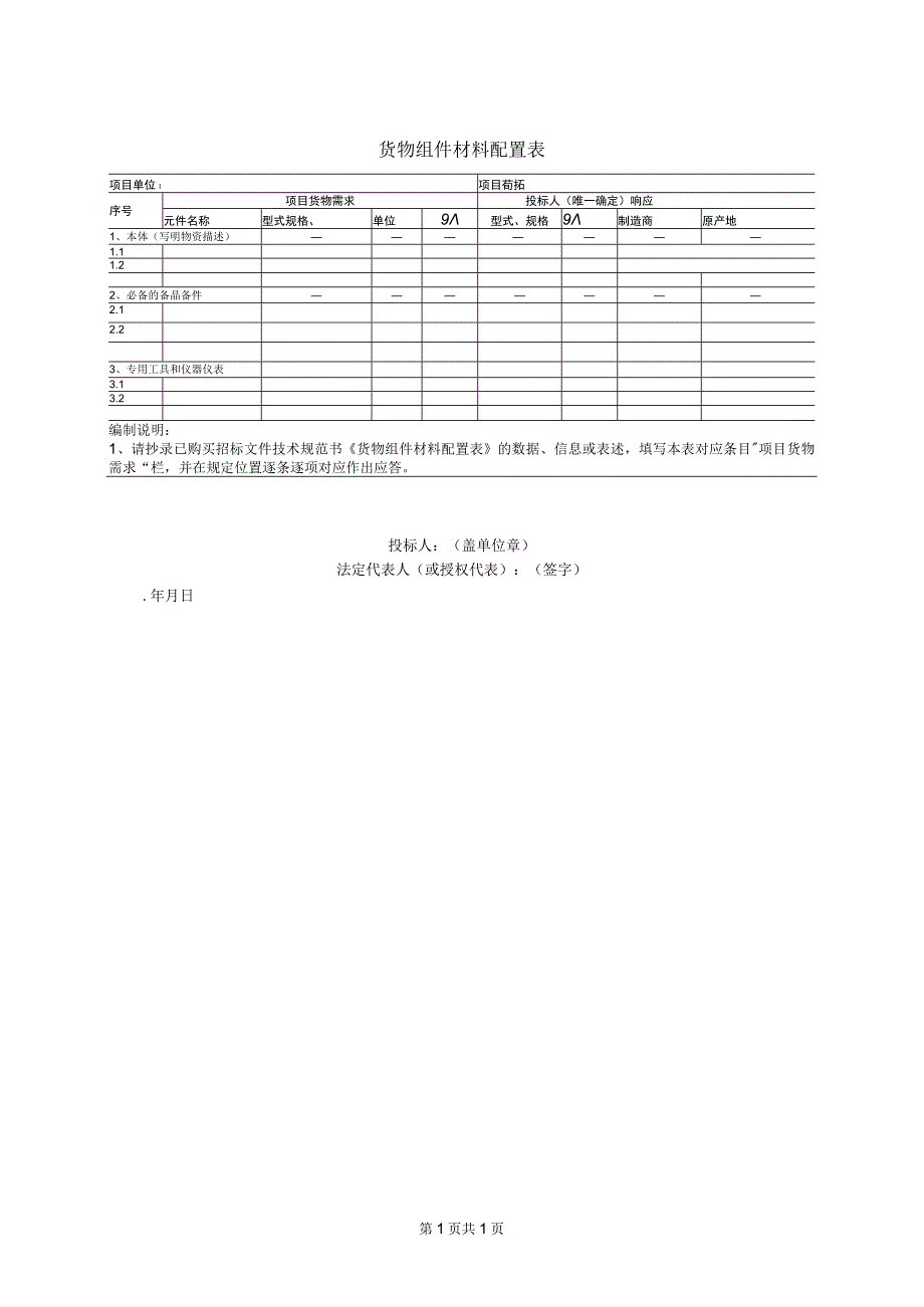 货物组件材料配置表(2023年).docx_第1页