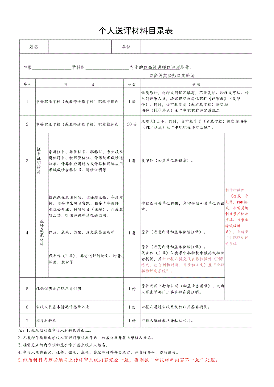 中等职业学校教师（适用于中等职业学校和教师进修学校）职称评审个人送评材料表.docx_第1页