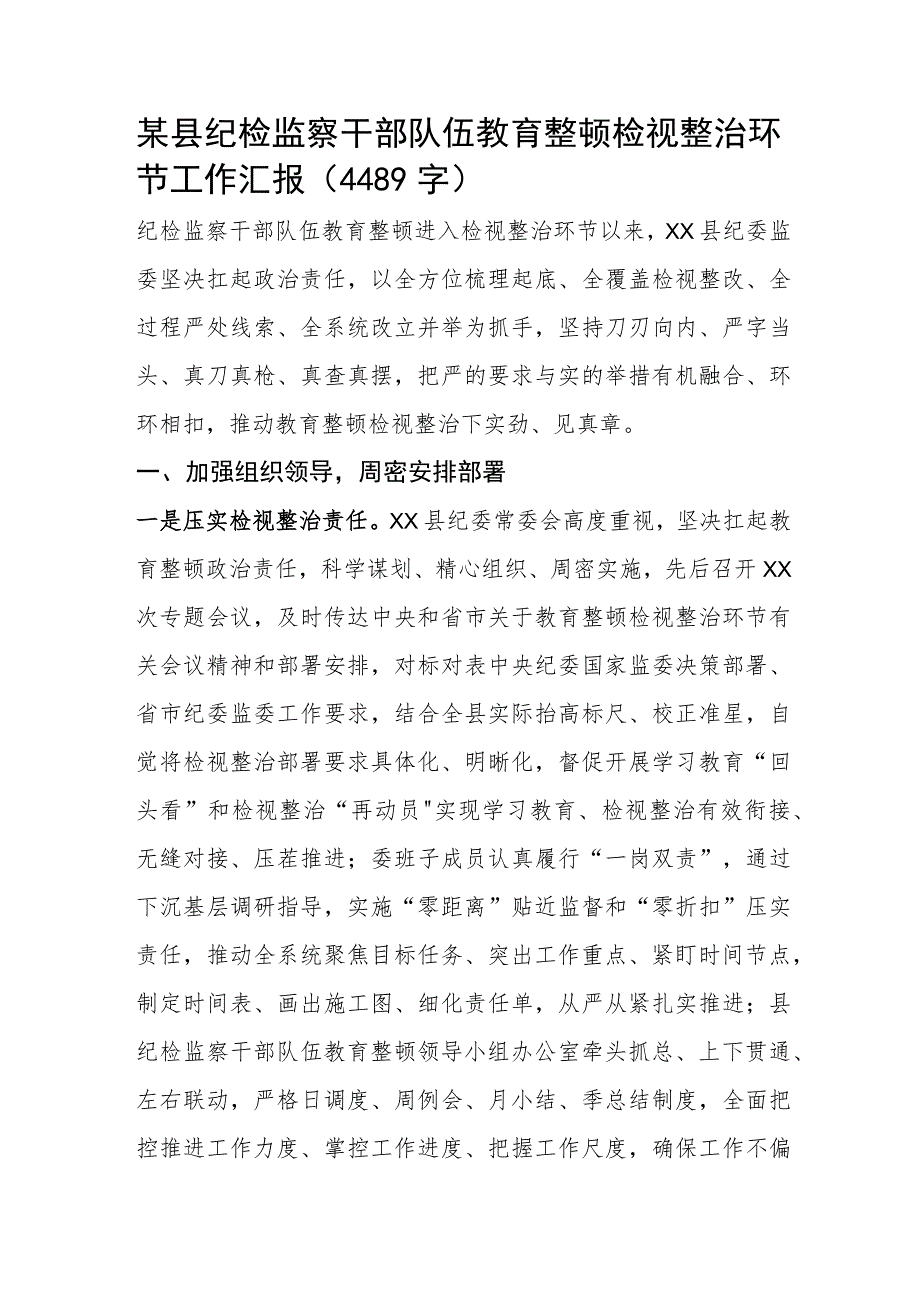 纪检监察干部队伍教育整顿检视整治环节工作汇报.docx_第1页