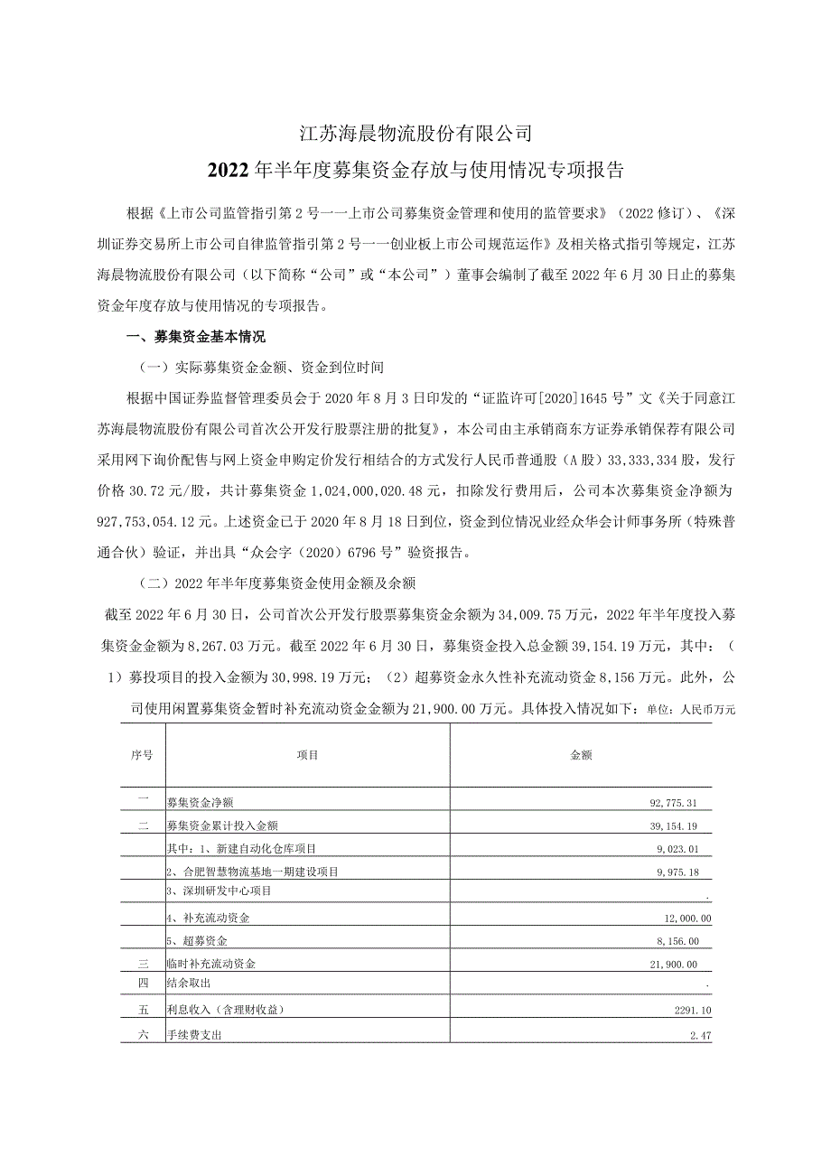 江苏海晨物流股份有限公司2022年半年度募集资金存放与使用情况专项报告.docx_第1页