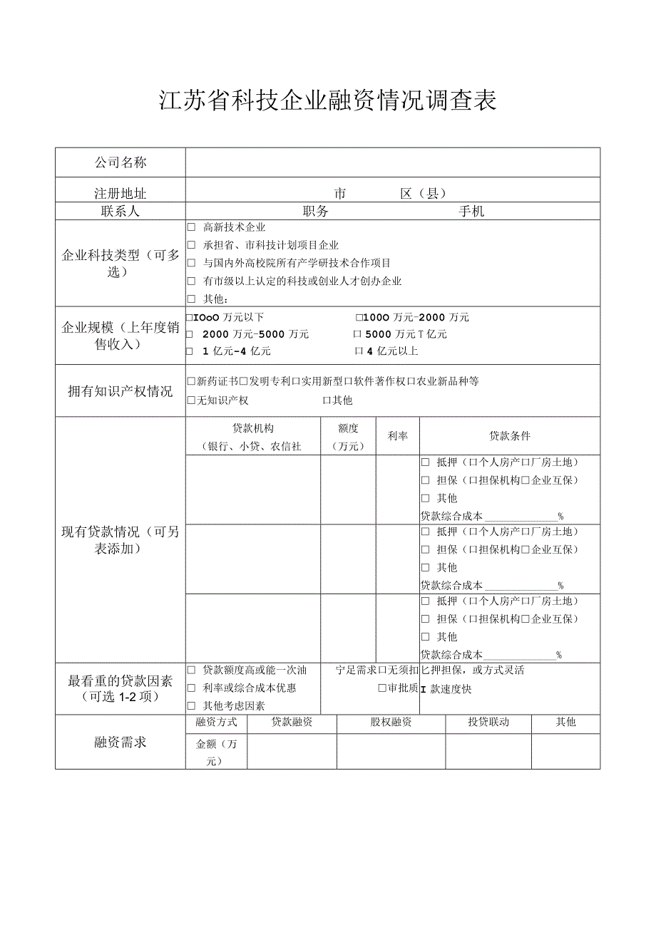 江苏省科技企业融资情况调查表.docx_第1页