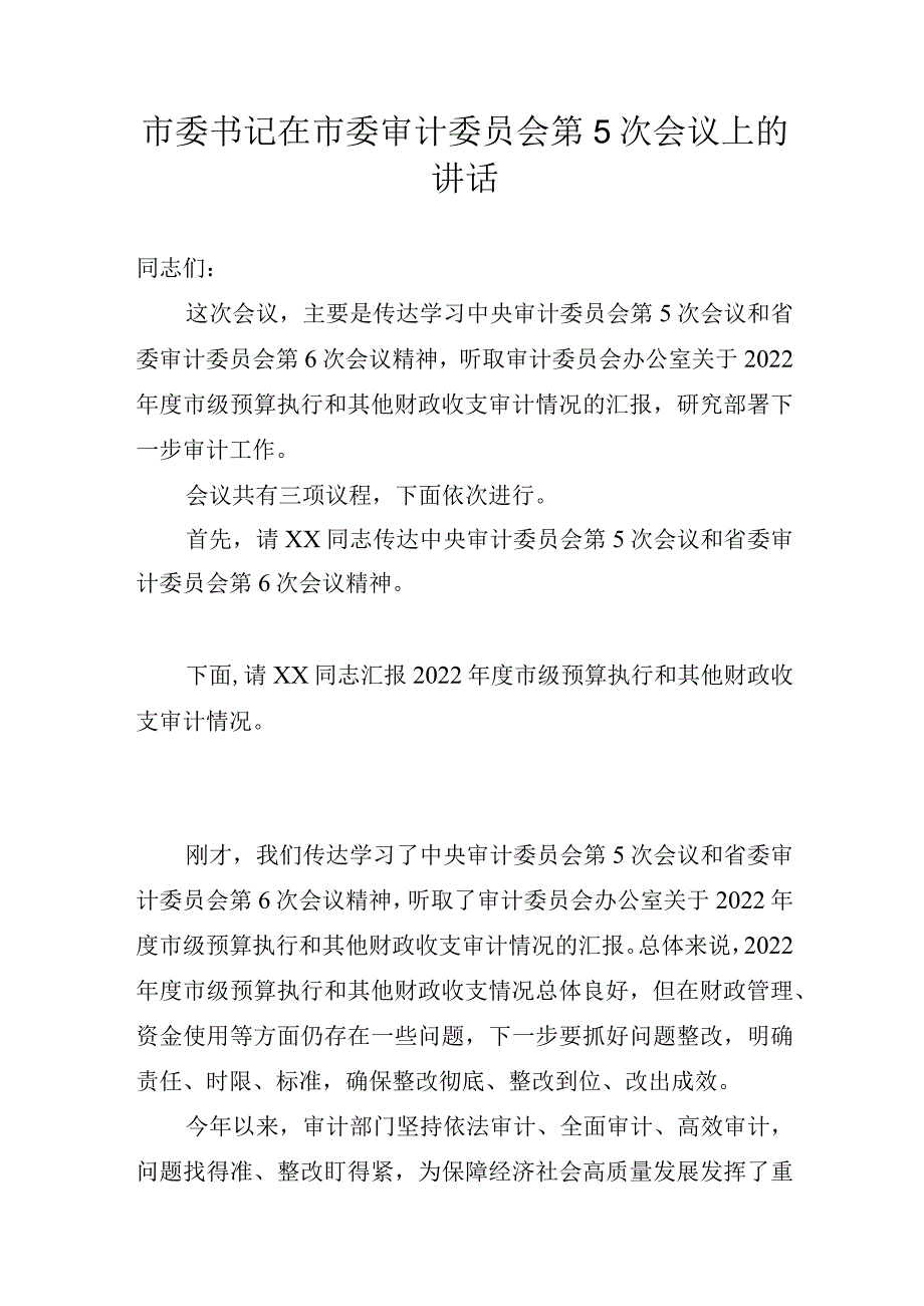 市委书记在市委审计委员会第5次会议上的讲话.docx_第1页