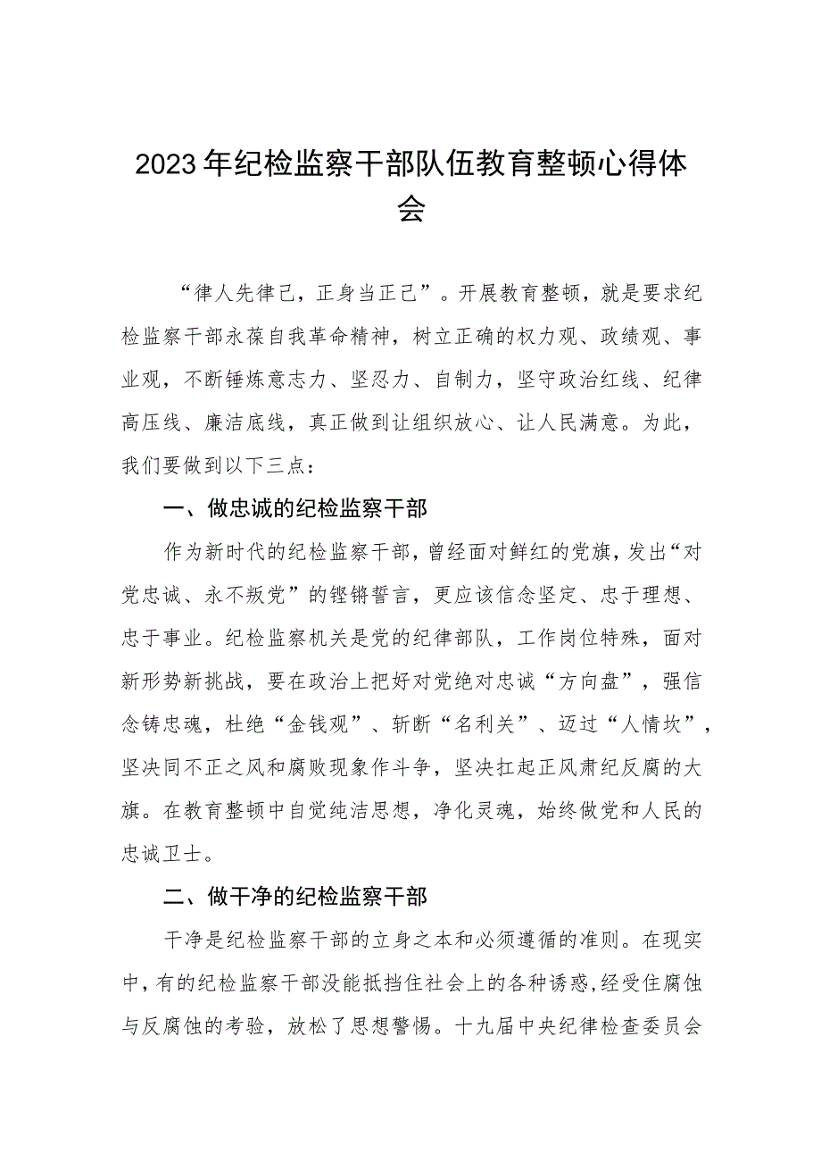 2023全国纪检监察干部队伍教育整顿的心得体会感悟材料两篇模板.docx_第1页