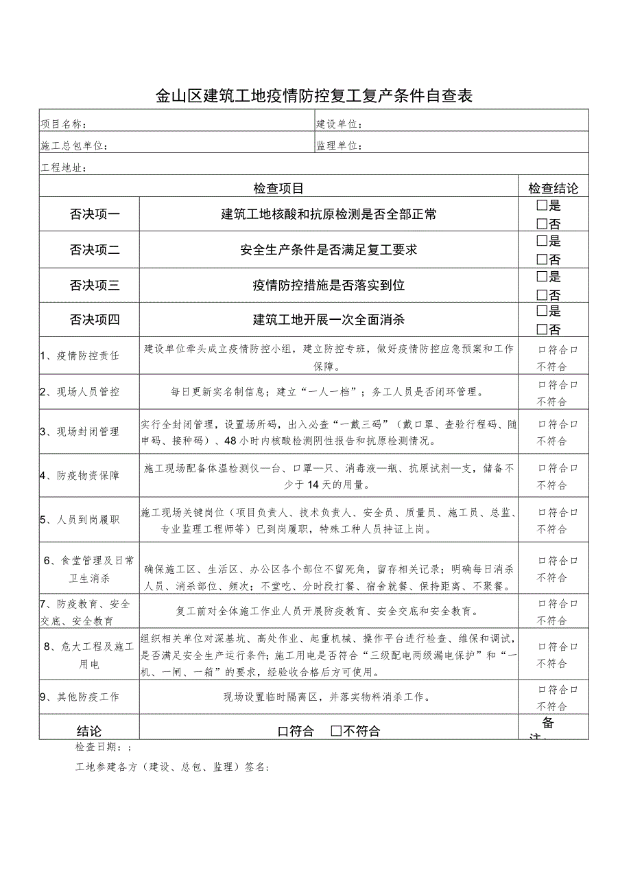 金山区建筑工地疫情防控复工复产条件自查表.docx_第1页