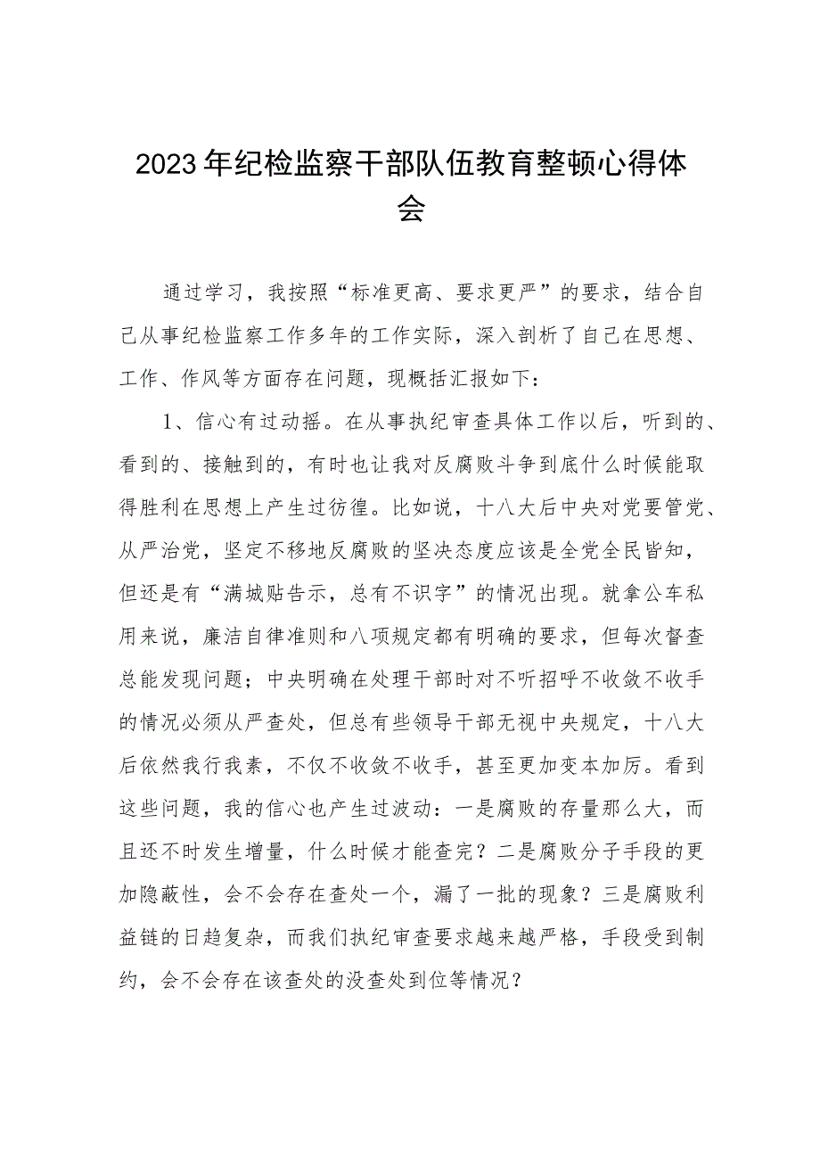 2023纪检监察干部队伍教育整顿心得体会感悟两篇.docx_第1页