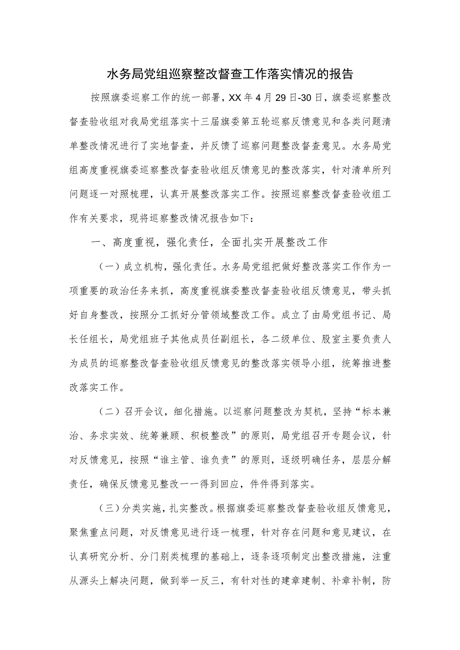 2023水务局党组巡察整改督查工作落实情况的报告.docx_第1页