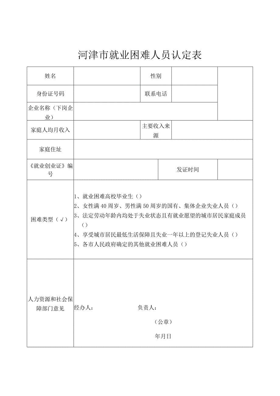 河津市就业困难人员认定表.docx_第1页