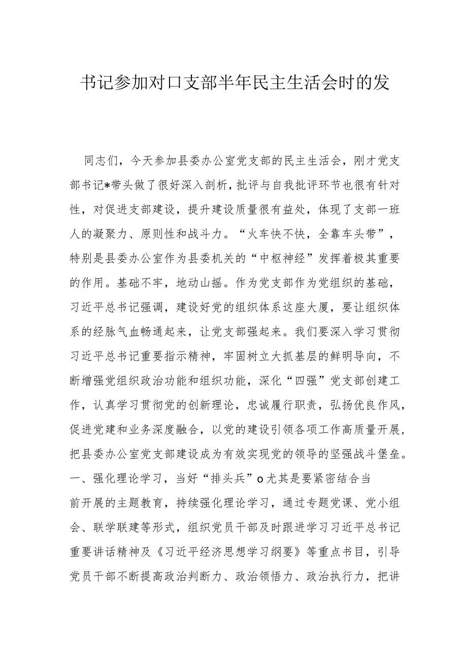 书记参加对口支部半年民主生活会时的发言.docx_第1页