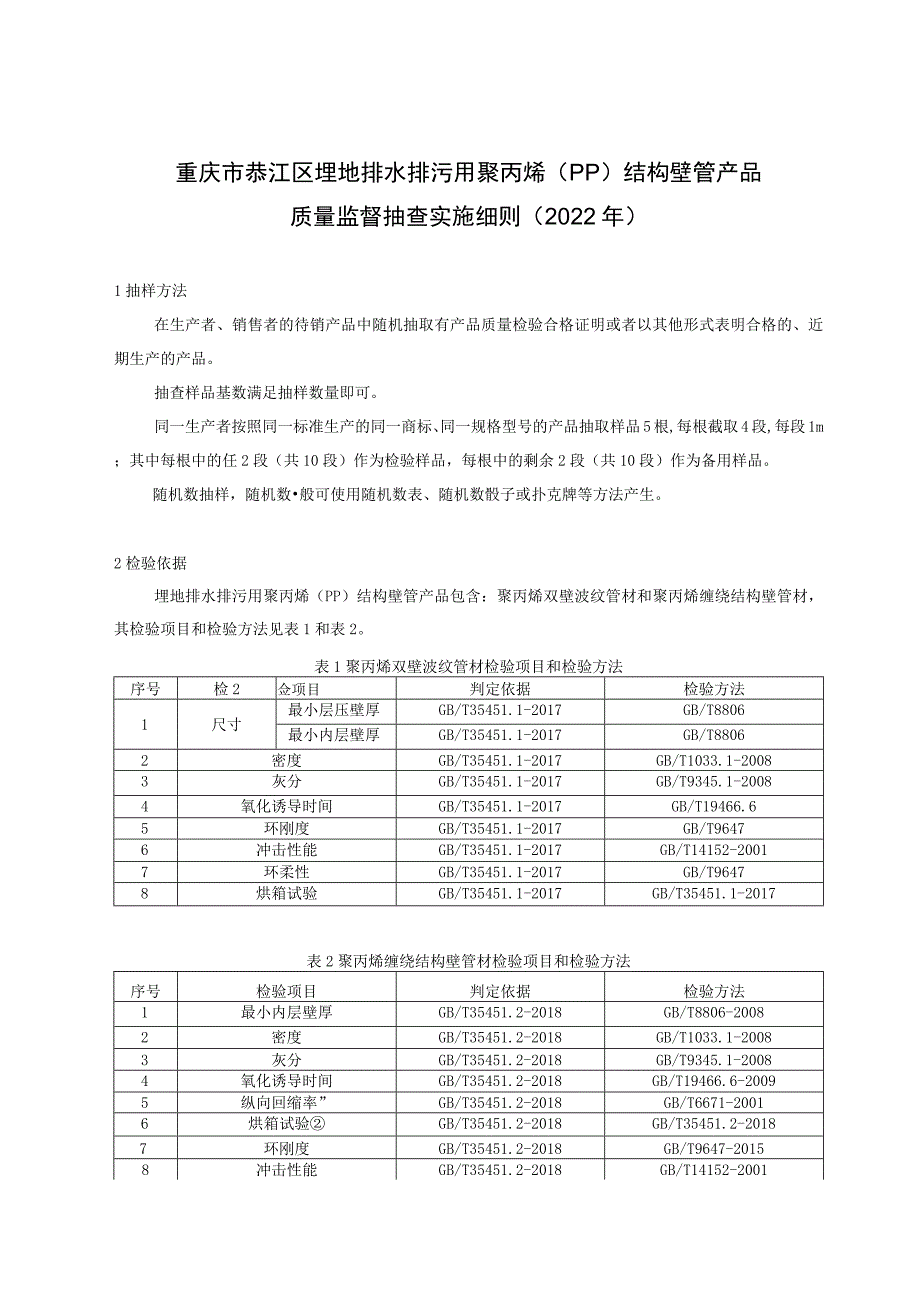 重庆市綦江区埋地排水排污用聚丙烯PP结构壁管产品质量监督抽查实施细则2022年.docx_第1页