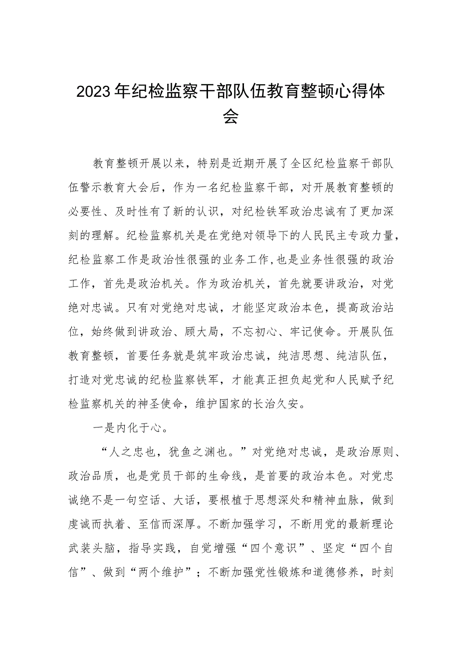 2023纪检监察干部队伍教育整顿学习个人心得体会模板两篇.docx_第1页