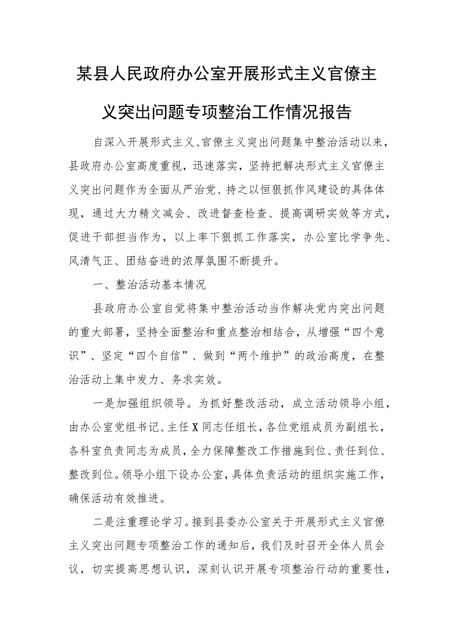 某县人民政府办公室开展形式主义官僚主义突出问题专项整治工作情况报告.docx_第1页