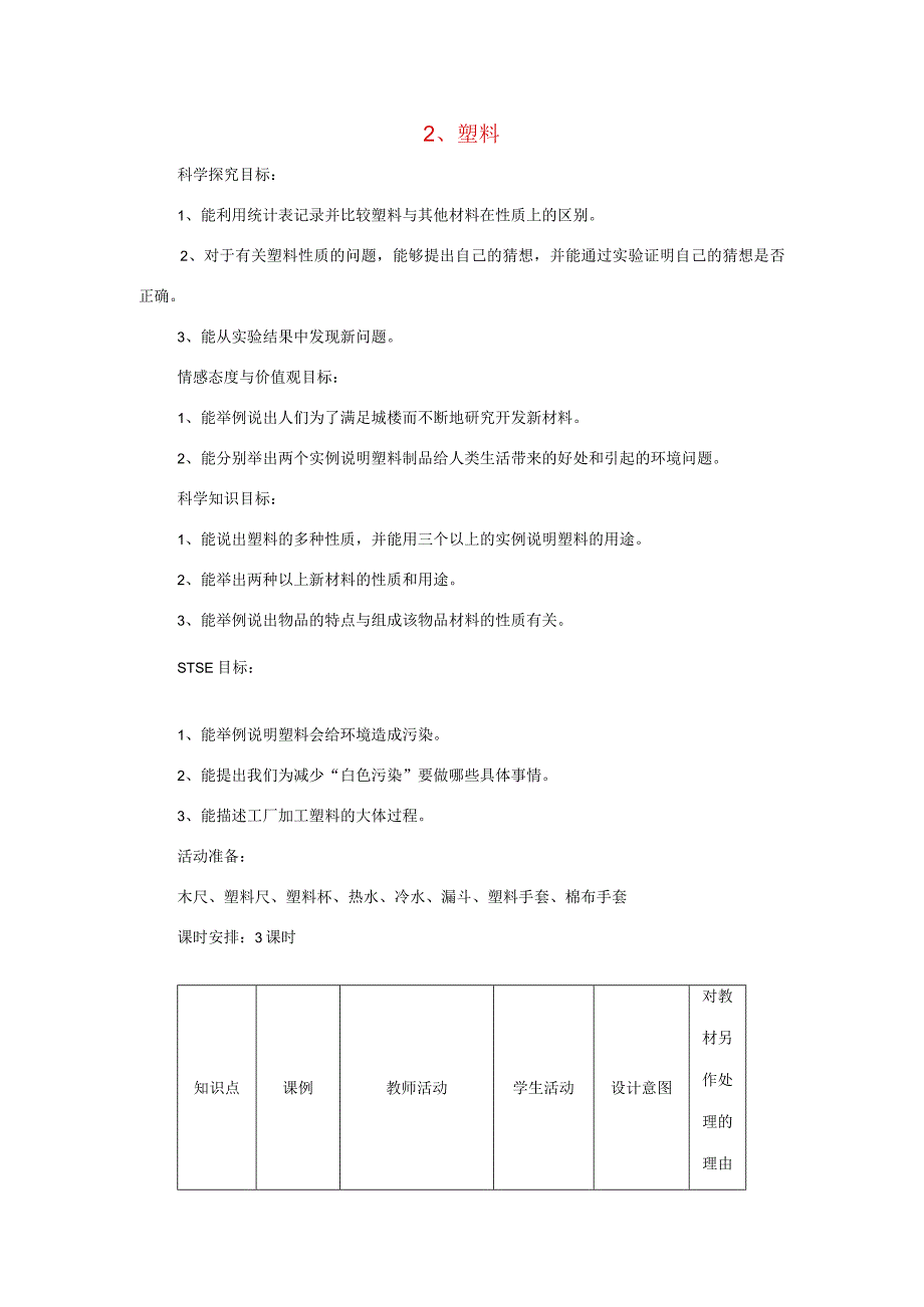 三年级科学下册 第1单元 2《塑料》教案2 翼教版-人教版小学三年级下册自然科学教案.docx_第1页