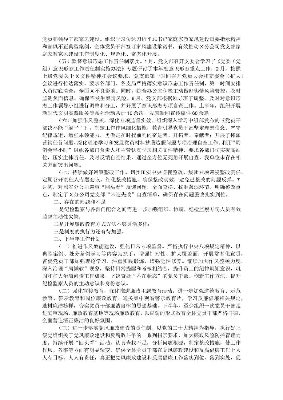 某国企分公司2023年上半年纪检监察工作总结.docx_第2页