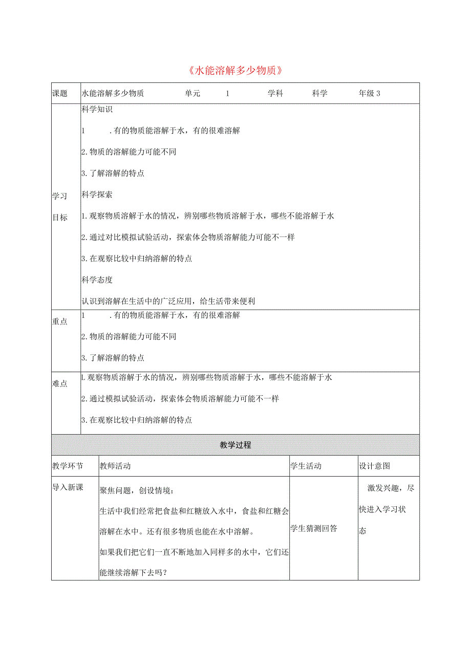 三年级科学上册 第1单元 水 5《水能溶解多少物质》教案2 教科版-教科版小学三年级上册自然科学教案.docx_第1页