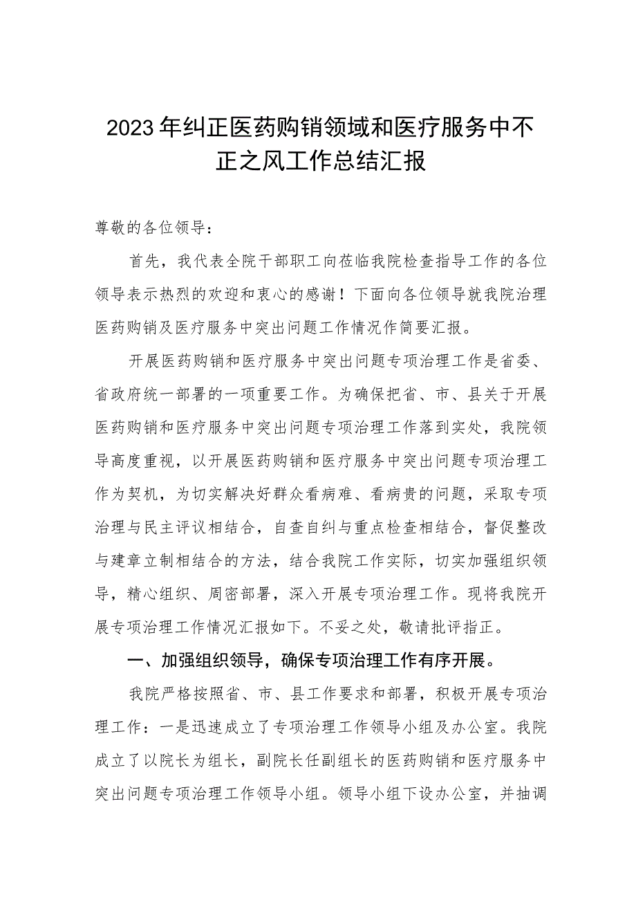 2023年纠正医药购销领域和医疗服务中不正之风工作总结汇报.docx_第1页