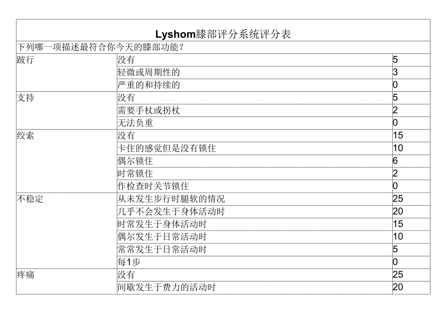 膝部评分系统评分表（康复用表模板）.docx_第1页